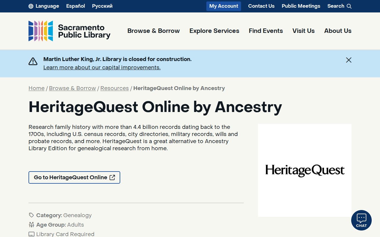 Rancho Cordova people directories and HeritageQuest genealogy access
