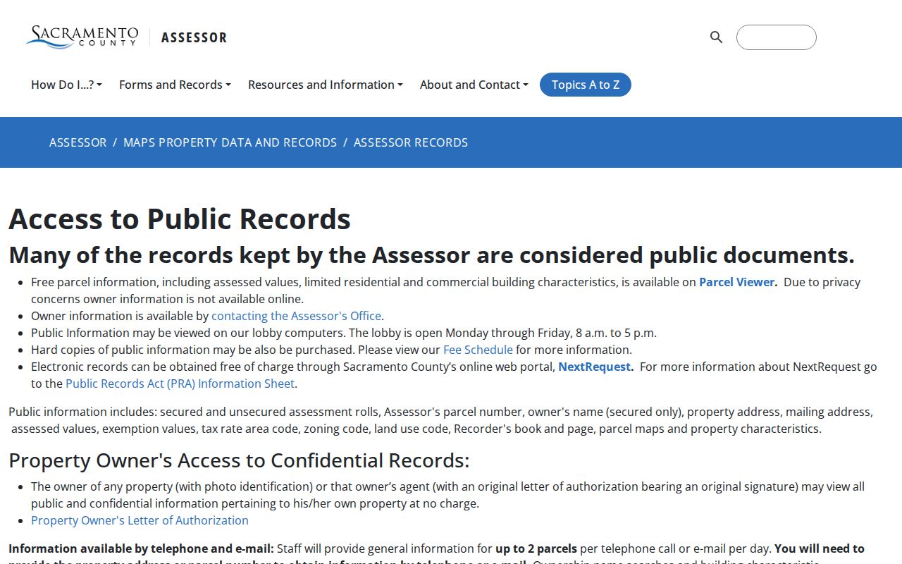 Rancho Cordova public records assessor page showing owner information access limits