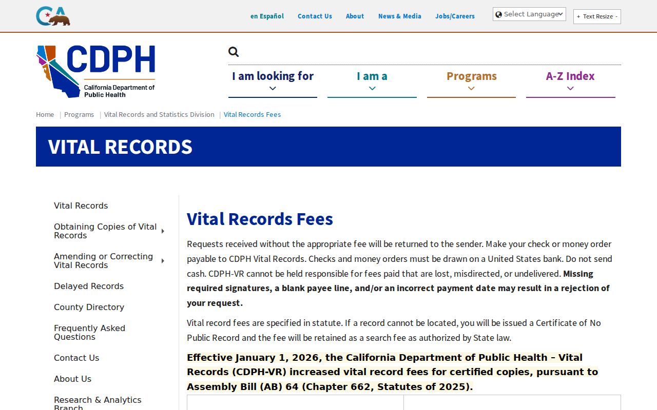 Rancho Cordova public records fee table for California vital certificates in 2026