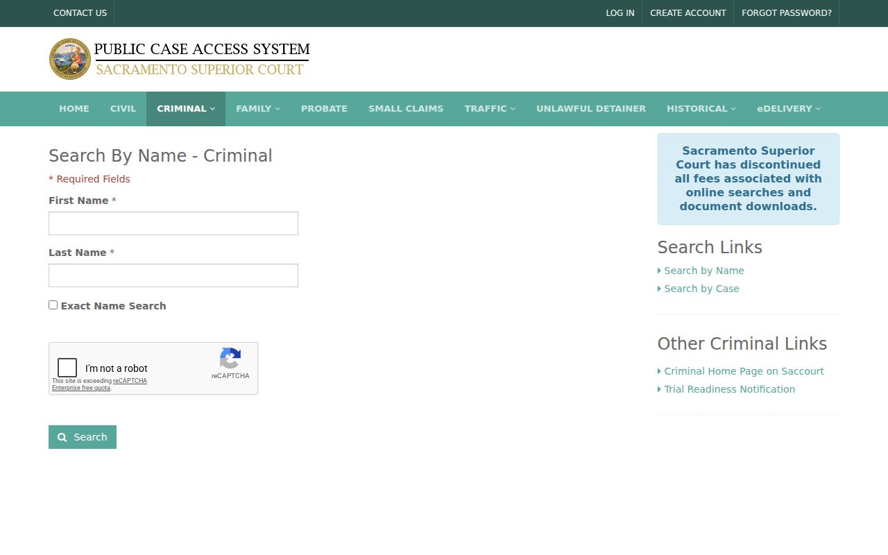 Rancho Cordova public records criminal court name search fields in PCAS