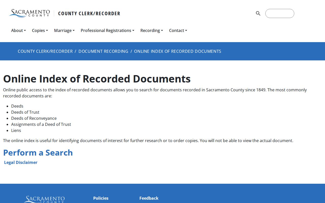 Rancho Cordova public records page explaining Sacramento County recorder index coverage